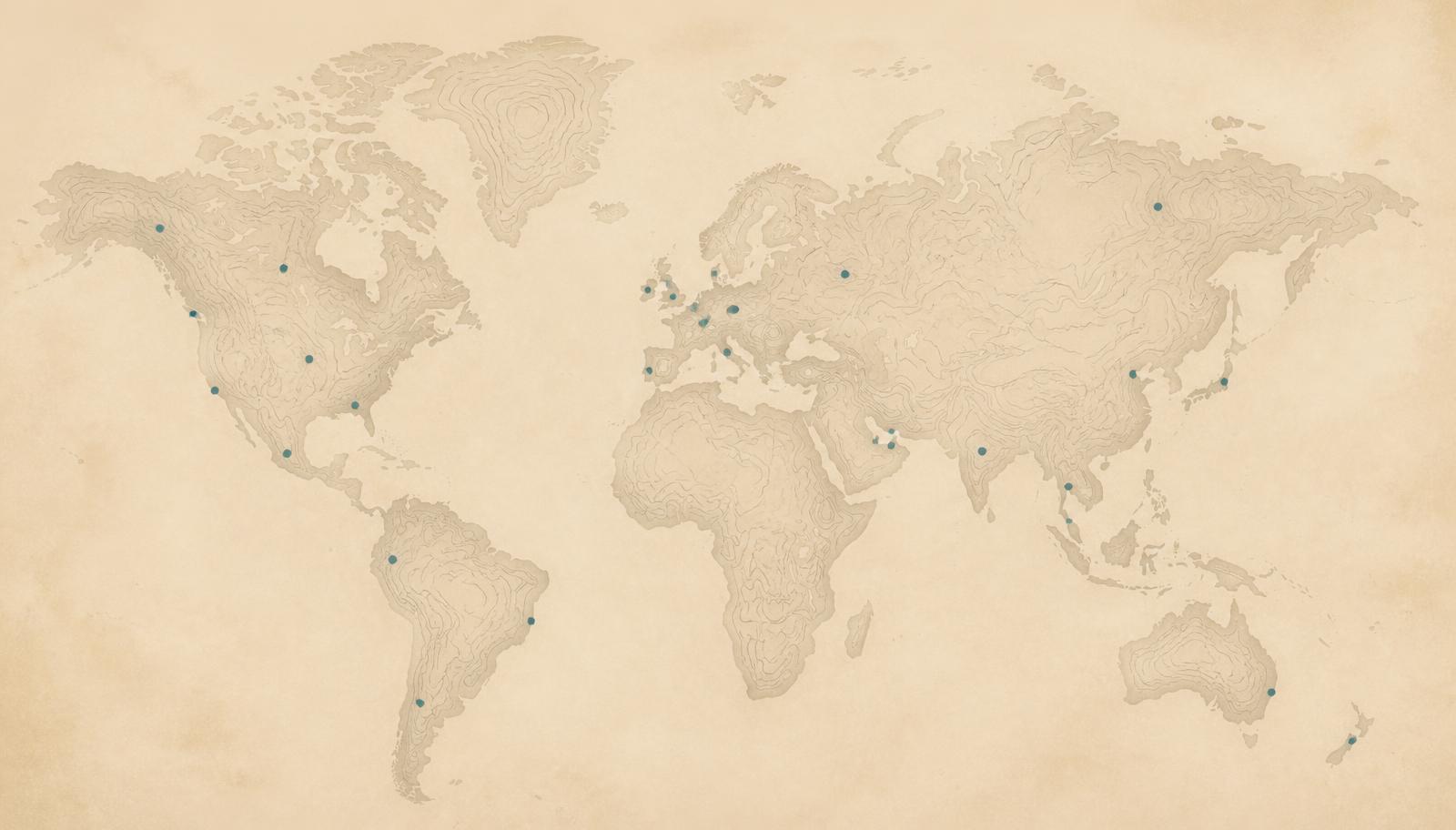 Stylised world map marking curated thermal bath locations