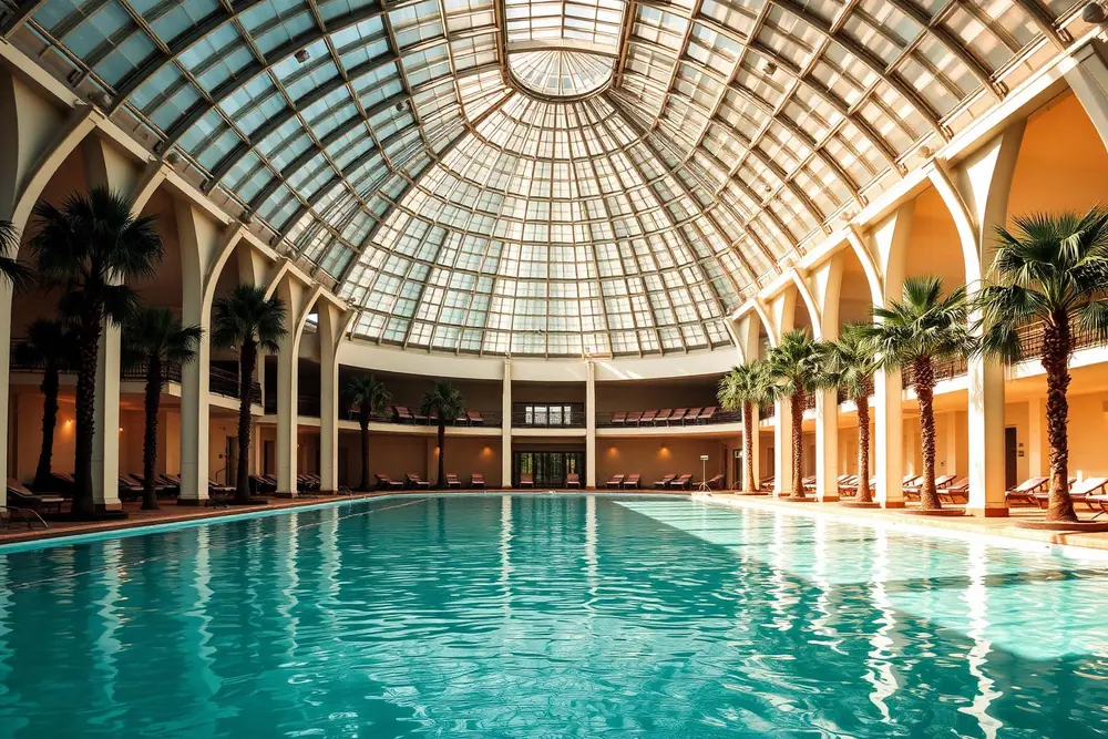 Palm-lined thermal hall under a domed glass roof at Therme Erding