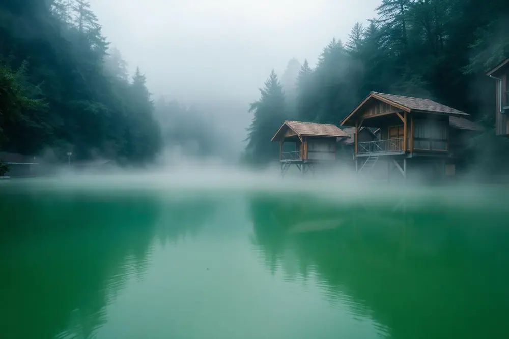 Steam over the green thermal lake at Hévíz with wooden pavilions