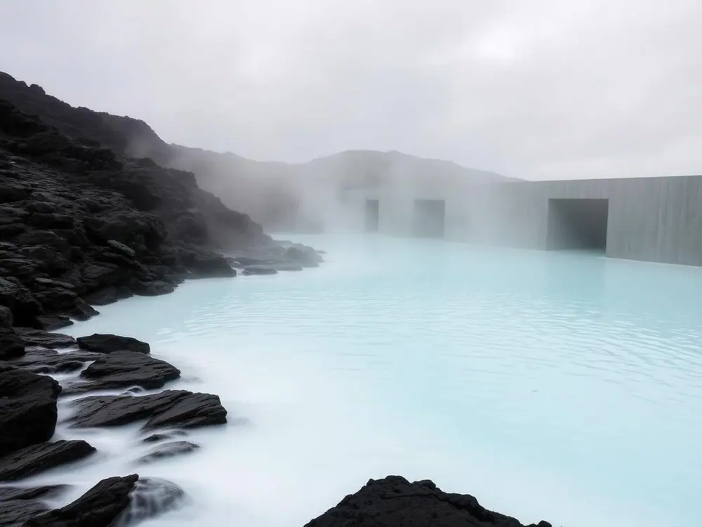 Pale geothermal water in a black lava field at the Blue Lagoon