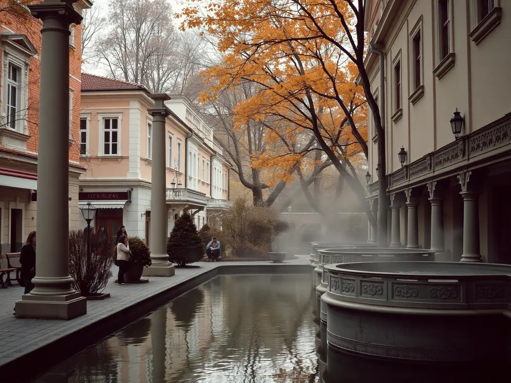Colonnade and steaming mineral spring in autumn at Karlovy Vary
