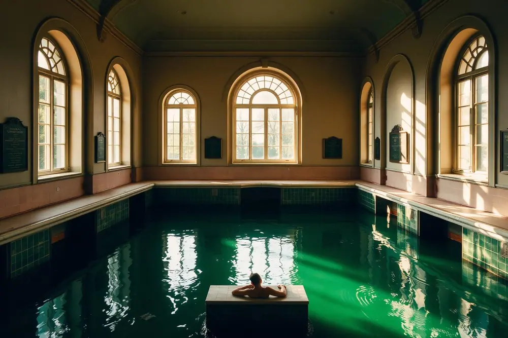 Arched windows above the green thermal pool at Lukács
