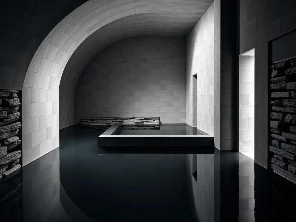 Stacked quartzite stone walls and still dark water at the thermal baths in Vals