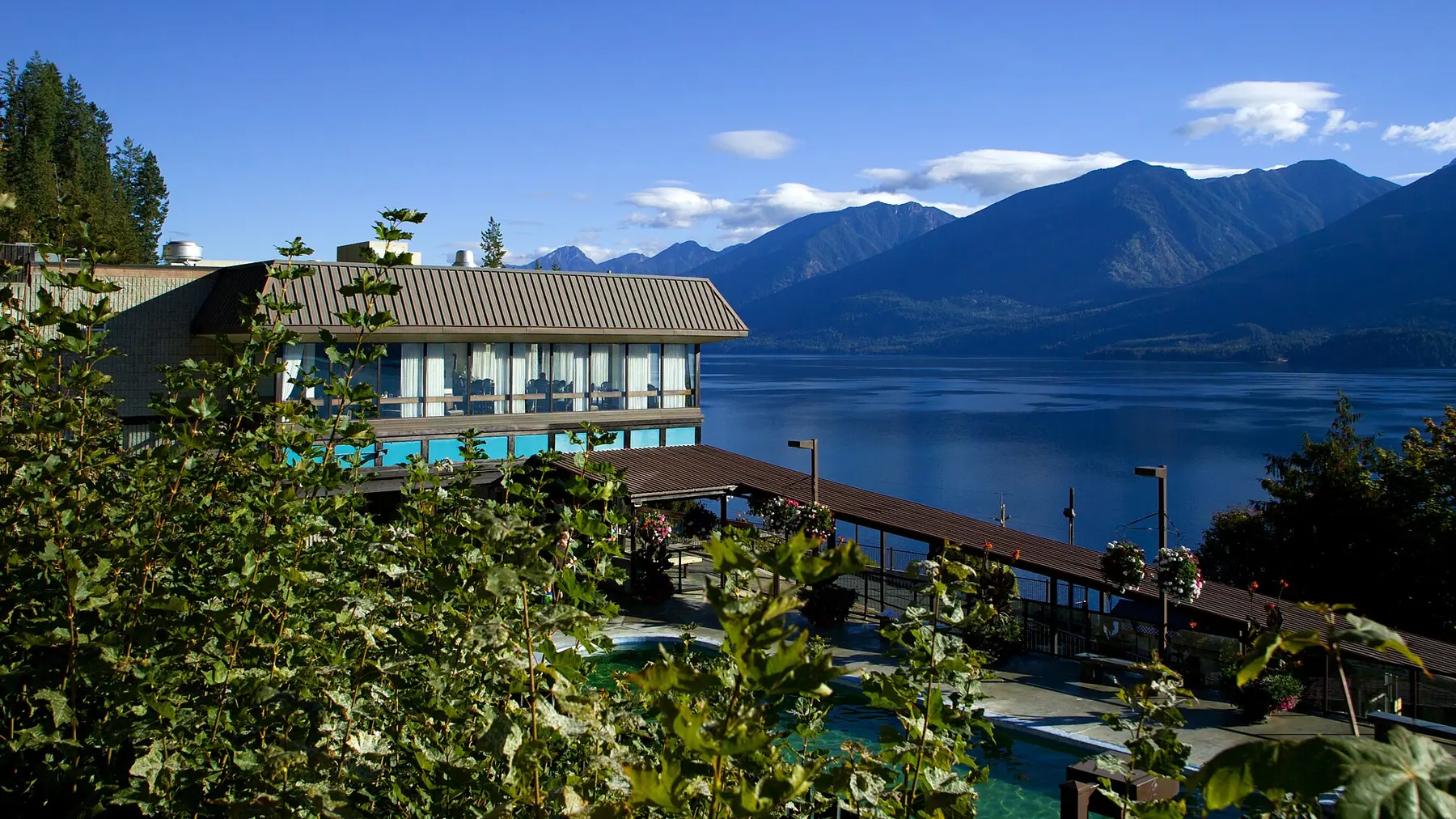 The pool terrace at Ainsworth Hot Springs above Kootenay Lake