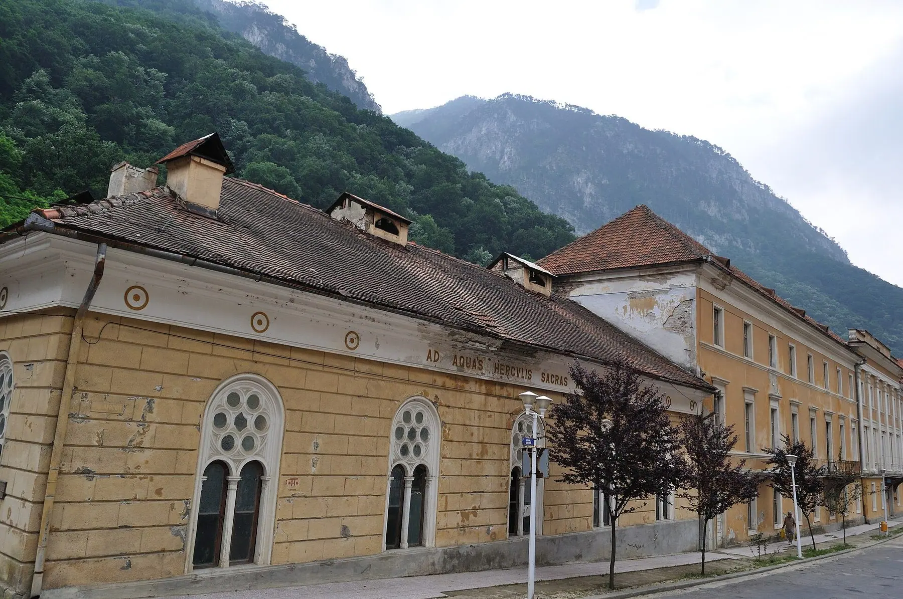 Nineteenth-century bath house facade in Băile Herculane below the Carpathians
