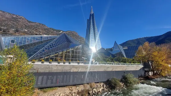 The glass spire of Caldea rising above Escaldes-Engordany in Andorra