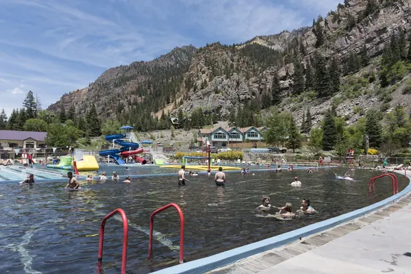 The open-air hot springs pool at Ouray, Colorado, below the San Juan Mountains