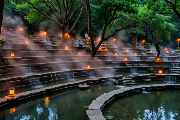 Terraced open-air hot spring pools among trees in Beitou, Taipei