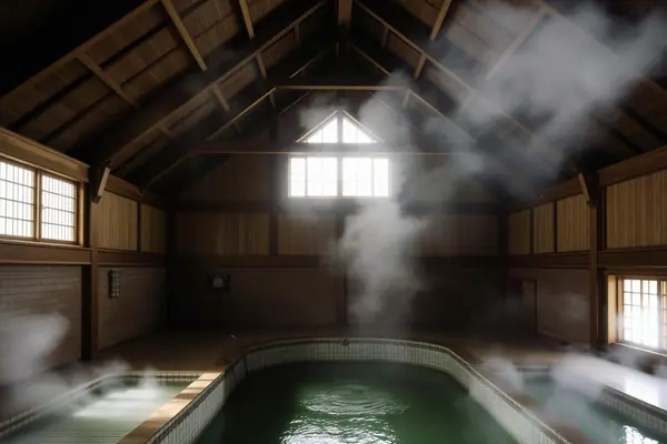 Steam under the wooden roof of a historic Beppu bathhouse