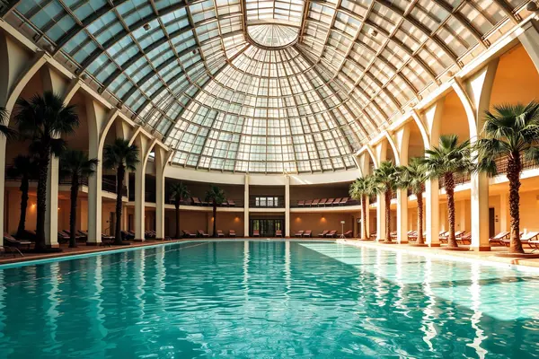 Palm-lined thermal hall under a domed glass roof at Therme Erding