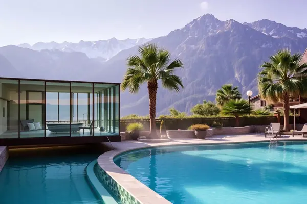 Glass thermal pool building with palms and Alpine peaks in Merano