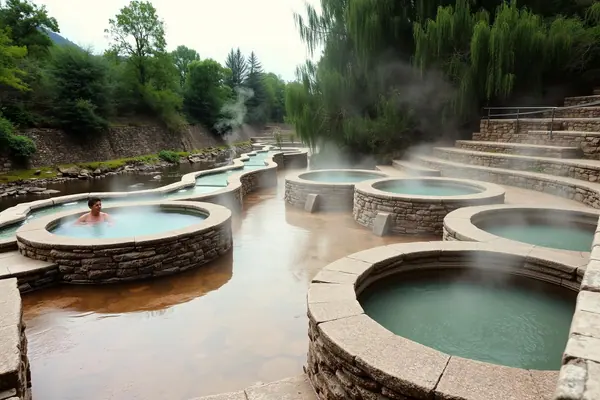 Round stone hot pools beside the river Miño in Ourense