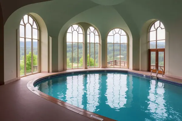 Arched windows above the pool at the thermal baths of Spa, Belgium