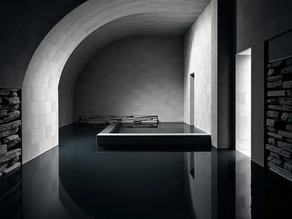 Stacked quartzite stone walls and still dark water at the thermal baths in Vals