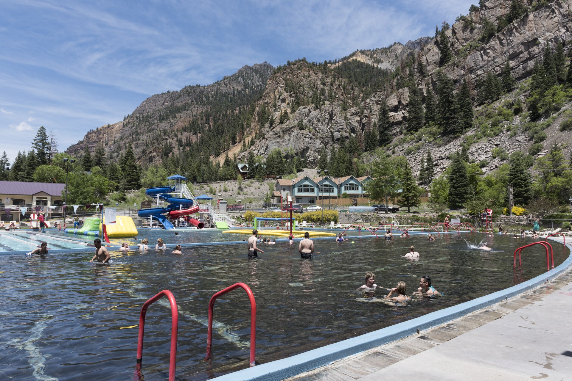 The open-air hot springs pool at Ouray, Colorado, below the San Juan Mountains