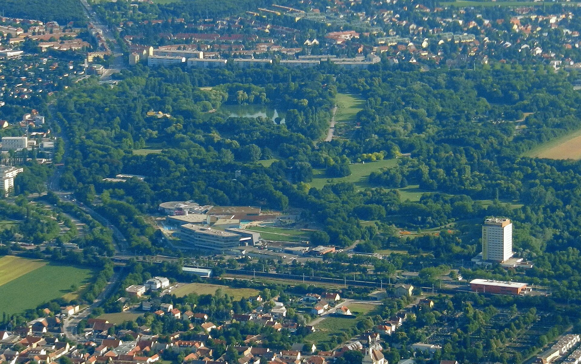 Aerial view of Kurpark Oberlaa in Vienna, site of Therme Wien