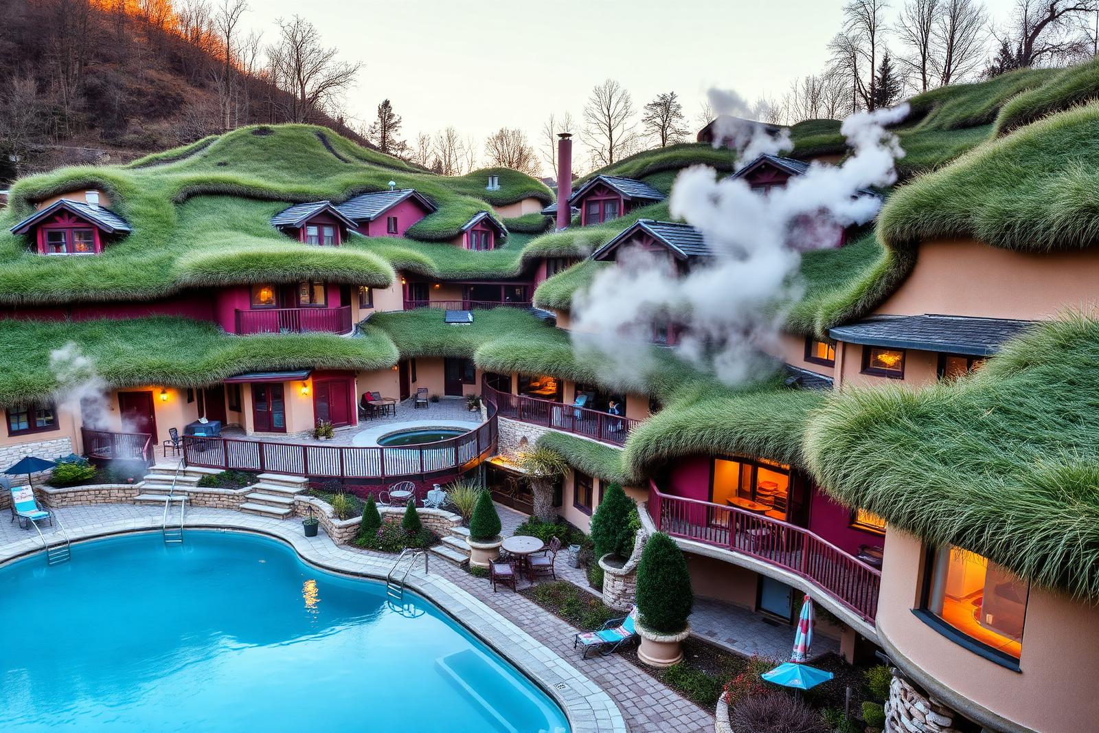 Grass-roofed Hundertwasser buildings around a steaming pool at Bad Blumau