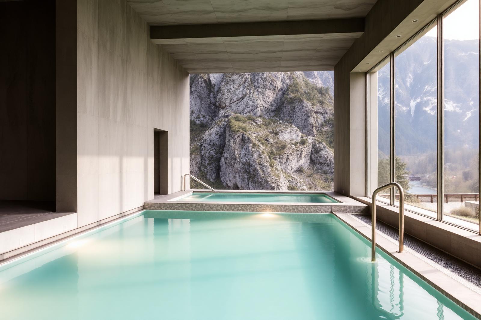 Concrete and glass thermal pool facing the Tamina gorge