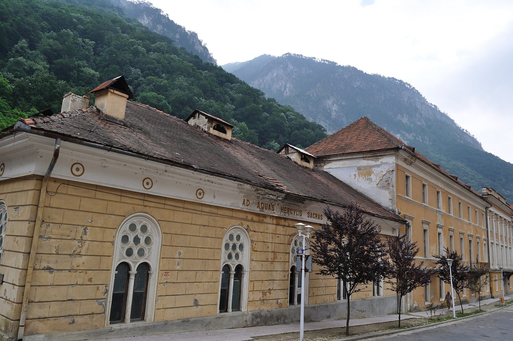 Nineteenth-century bath house facade in Băile Herculane below the Carpathians