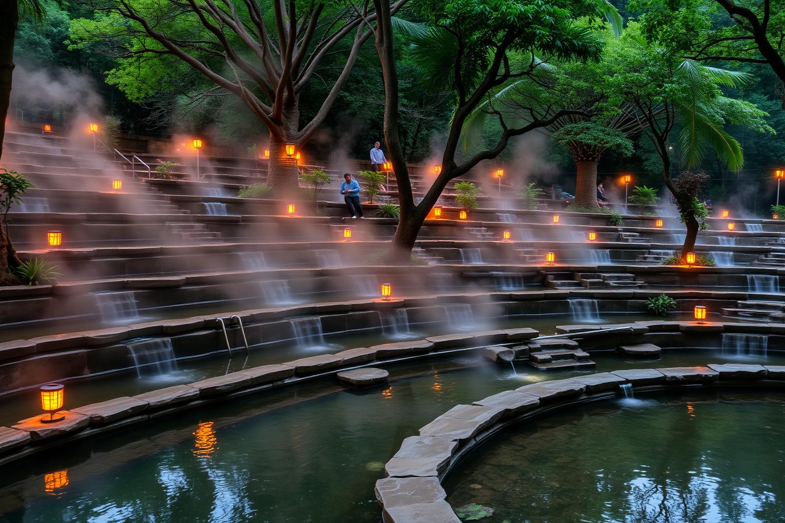 Terraced open-air hot spring pools among trees in Beitou, Taipei
