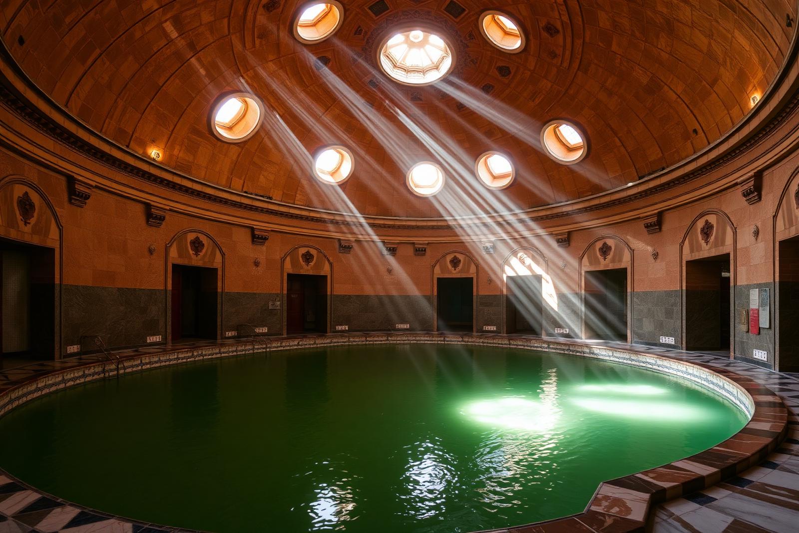 Light through the dome of a historic Ottoman thermal bath in Bursa