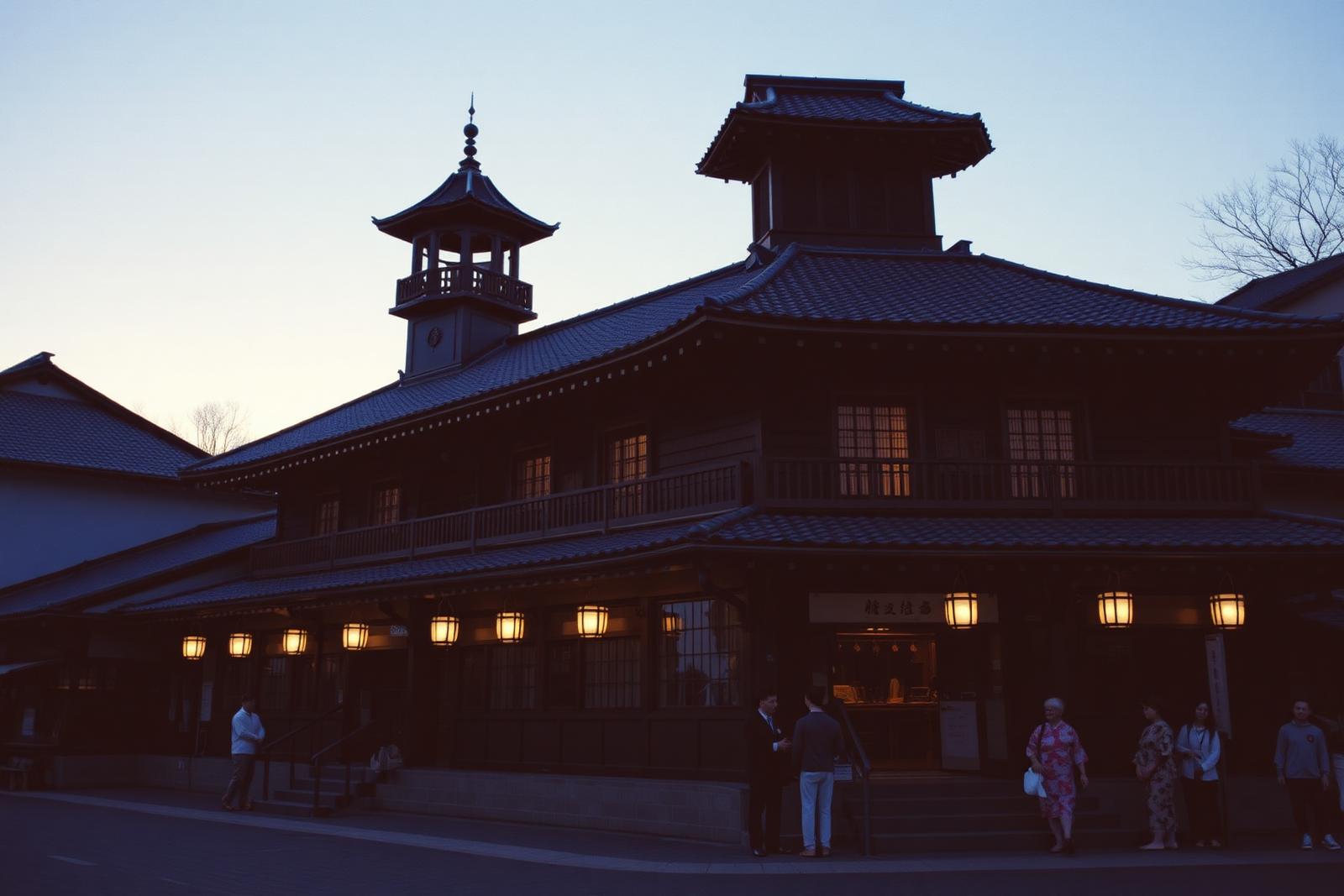 Wooden three-storey bathhouse with drum tower at dusk in Matsuyama