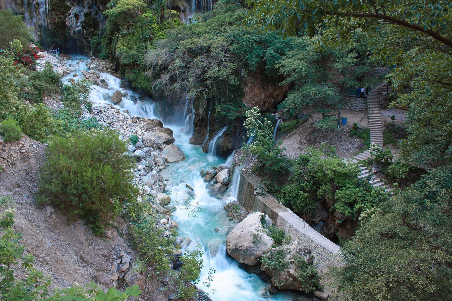 Turquoise thermal river running through the Tolantongo canyon in Hidalgo