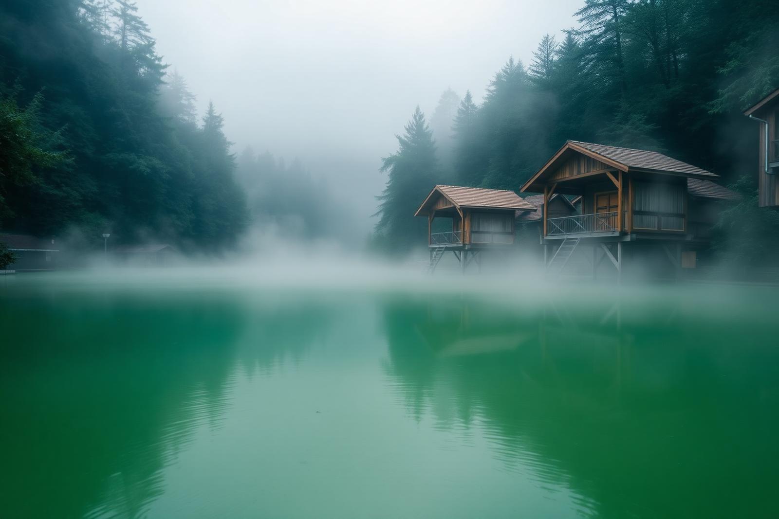 Steam over the green thermal lake at Hévíz with wooden pavilions