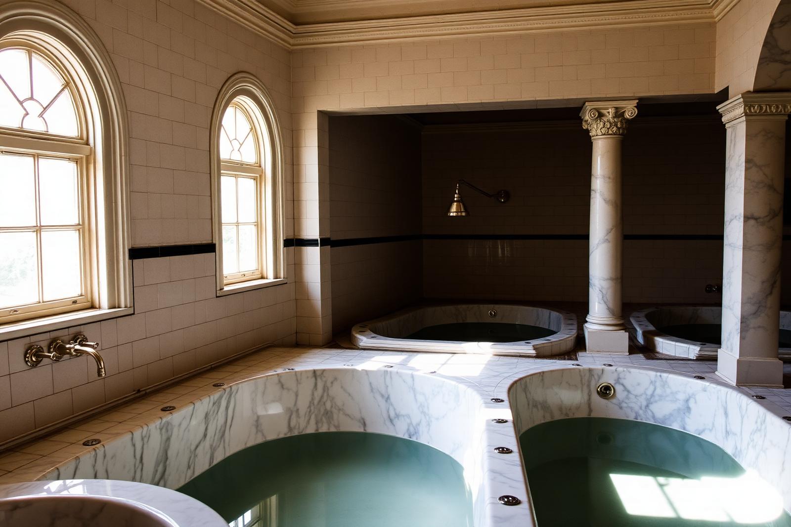 Marble tubs and arched windows in a historic Hot Springs bathhouse