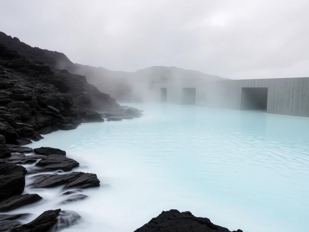 Pale geothermal water in a black lava field at the Blue Lagoon