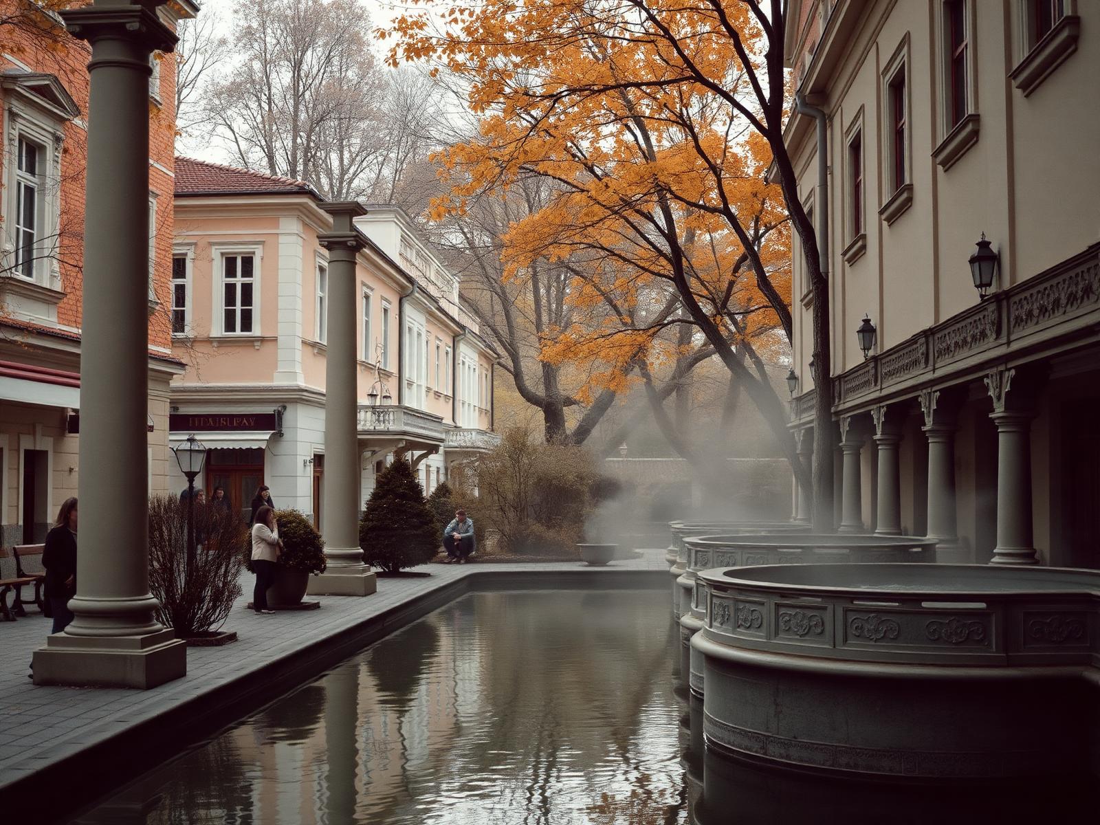 Colonnade and steaming mineral spring in autumn at Karlovy Vary