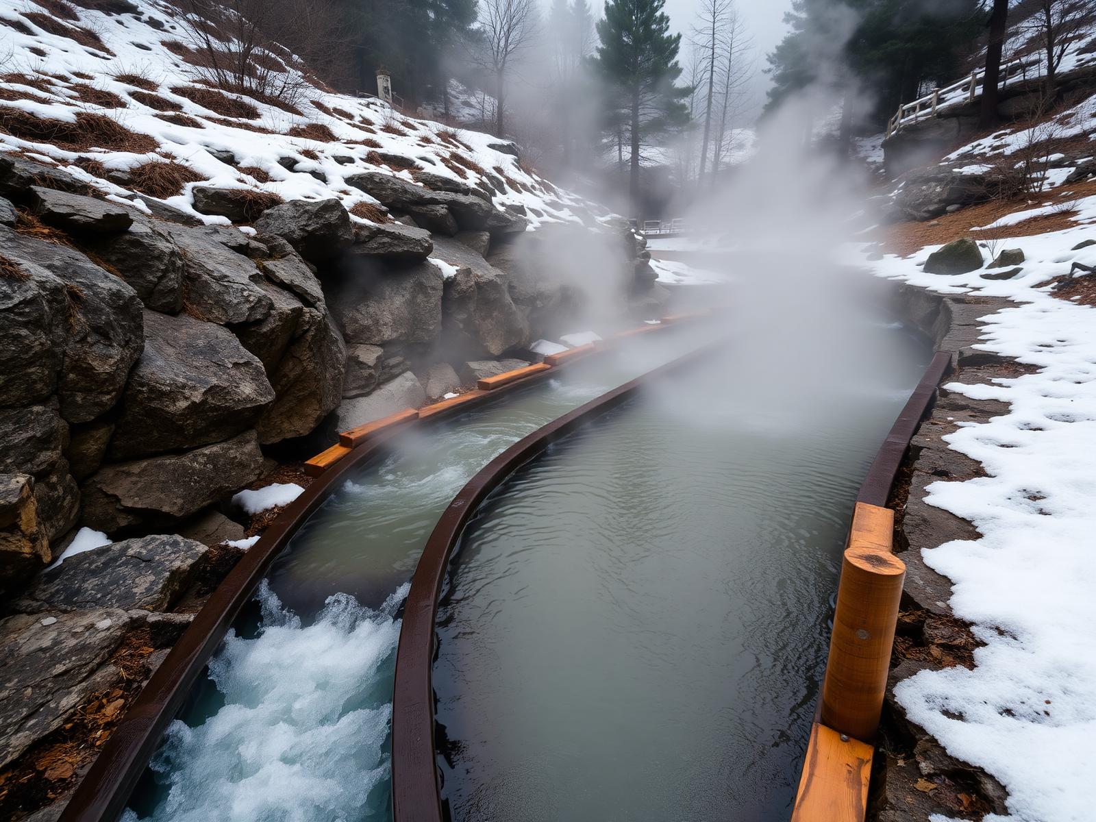 Steaming hot spring channels running through the snowy valley at Kusatsu Onsen