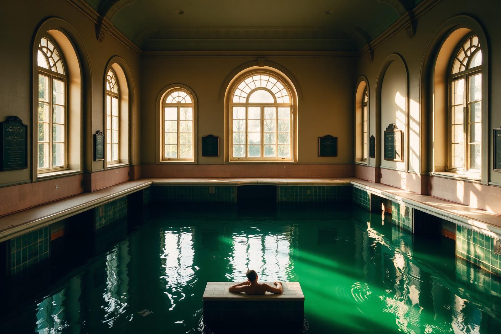 Arched windows above the green thermal pool at Lukács
