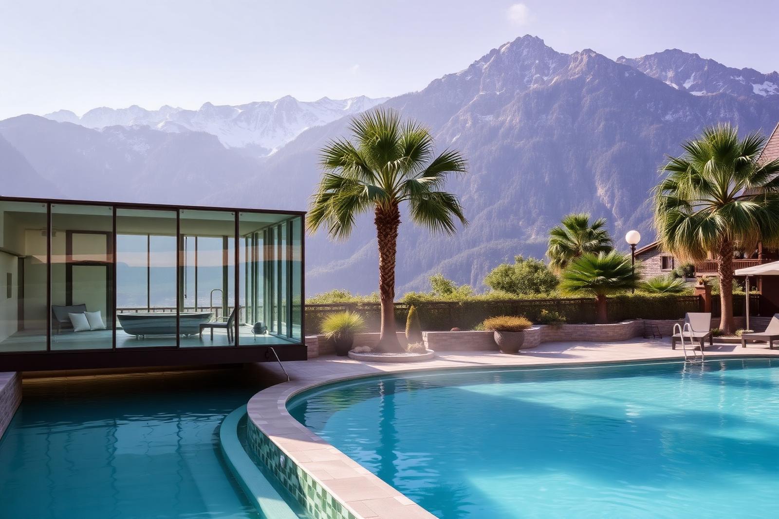 Glass thermal pool building with palms and Alpine peaks in Merano