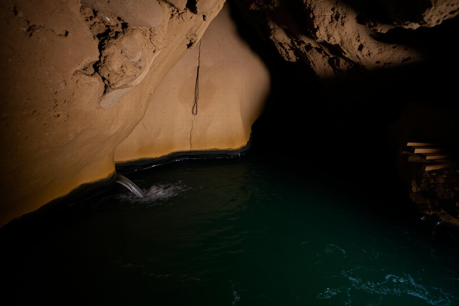Warm green water flowing through a lit limestone cave passage