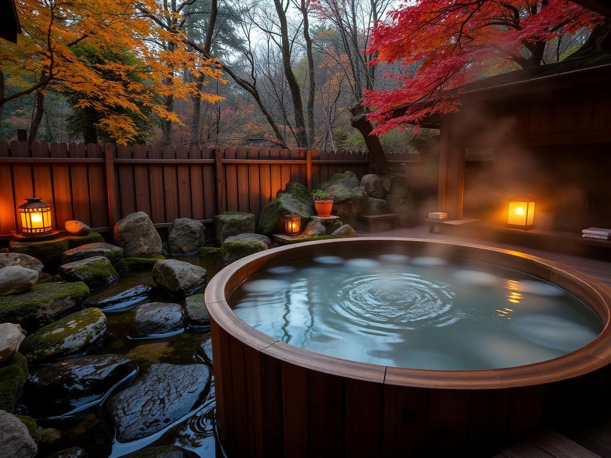 Wooden onsen bath overlooking a forested valley in Hakone
