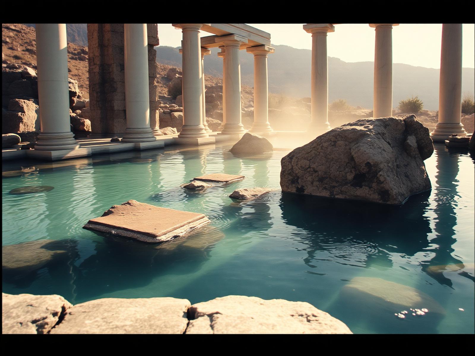Fallen Roman columns submerged in the thermal pool at Hierapolis, Pamukkale