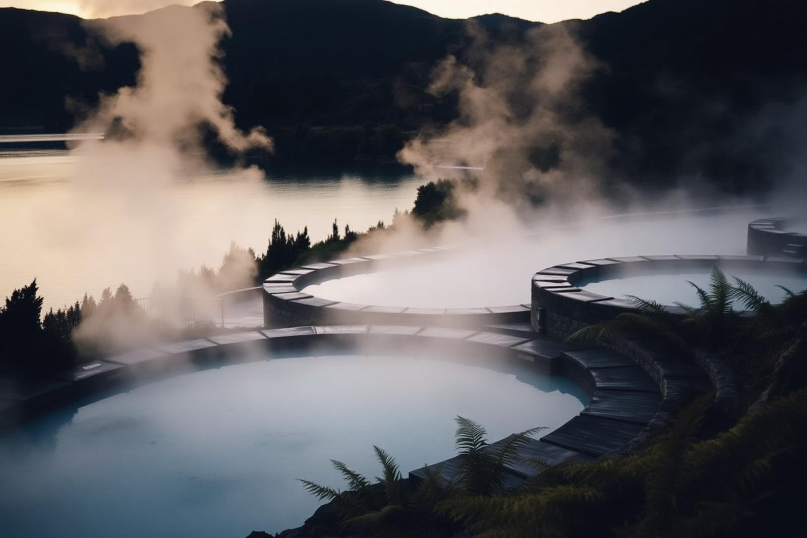 Steaming terraced mineral pools beside Lake Rotorua at dusk