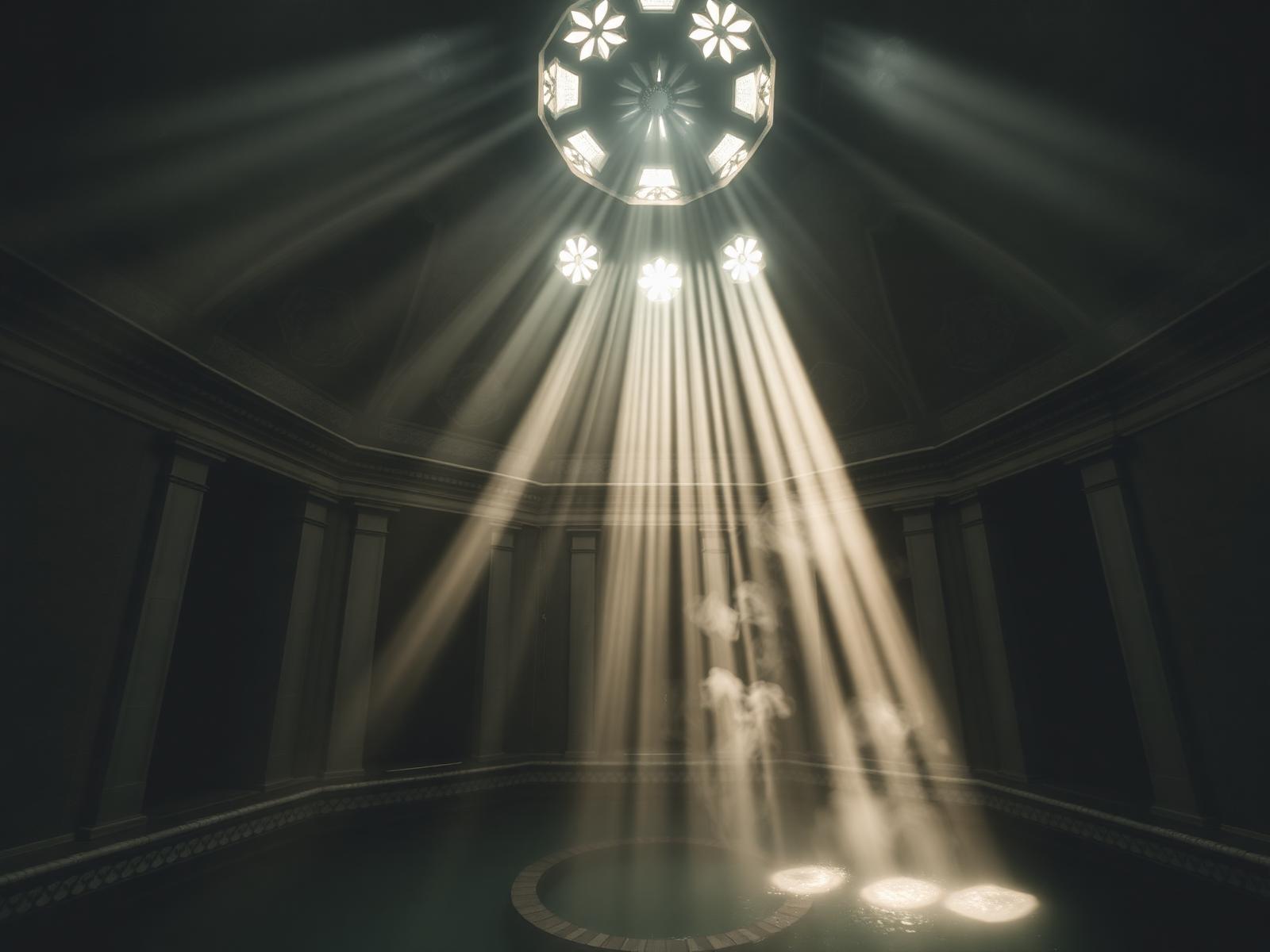 Light through the star-shaped skylights of the Ottoman dome at Rudas Baths