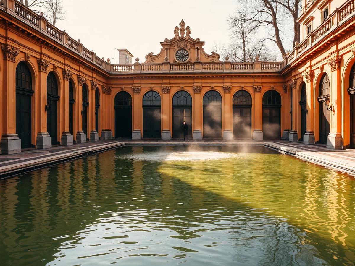 Ochre colonnades around the outdoor pools of Széchenyi Thermal Bath