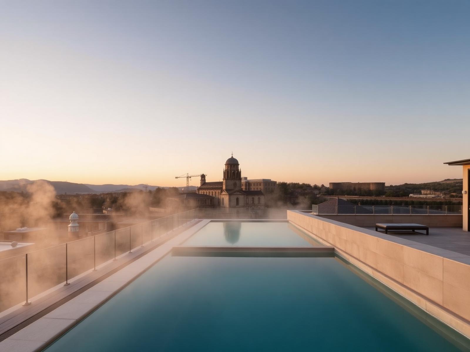 Steam rising from the rooftop thermal pool above the rooftops of Bath