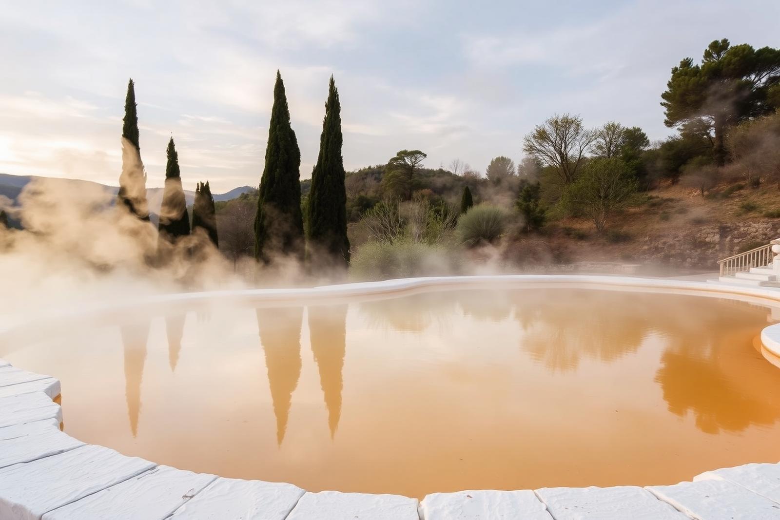 Steaming sulphur pool with cypress trees near Viterbo